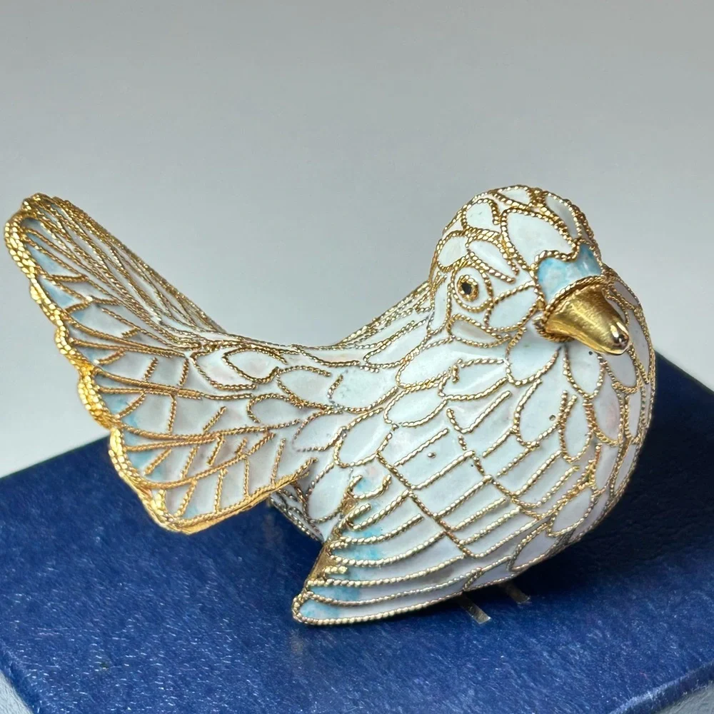 Vintage Cloisonné Bird Dove Figurine Gold Wire White & Blue Enamel